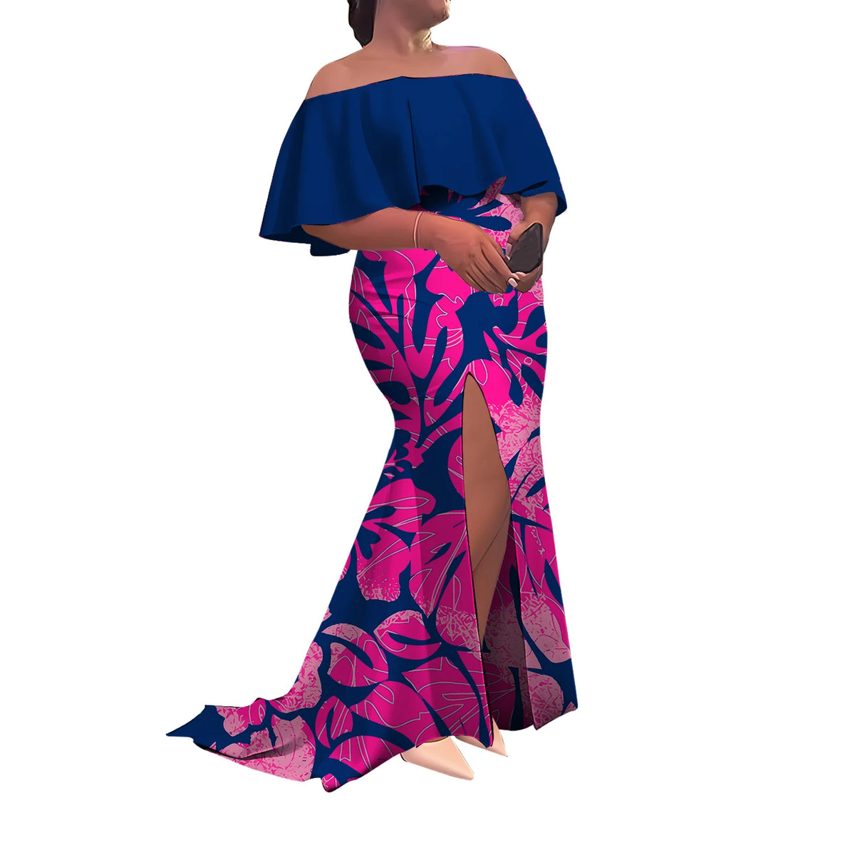 Summer Women'S Dress Elegant Half-Printed One-Shoulder Slit Long Floor-Length Polynesian Slimming Fishtail Dress