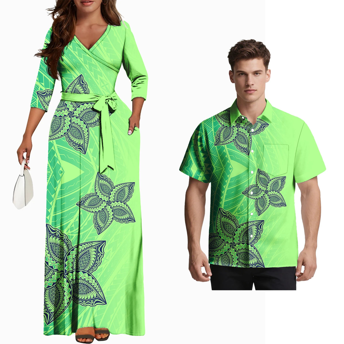Fashion Couple Outfits Hawaiian Men Pocket Shirts Samoan Women V-Neck Flowers Laceup Long Dress Polynesian Couple of Set Custom