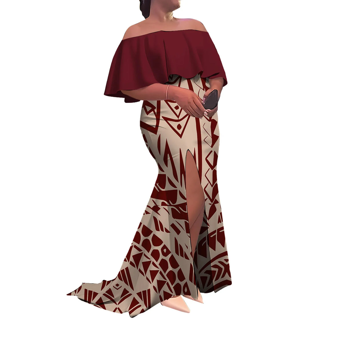 Women'S Dress Half-Printed One-Shoulder Slit Long Floor-Length Slimming Fishtail Dress Polynesian Evening Dress Custom-Made