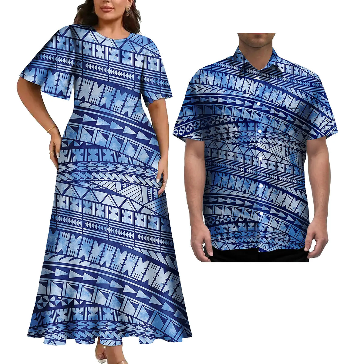 Print Couples Matching Puletasi Dress and Hawaiian Shirt Polynesian Traditional Pattern Aloha Shirt Two-piece Dress Outfit