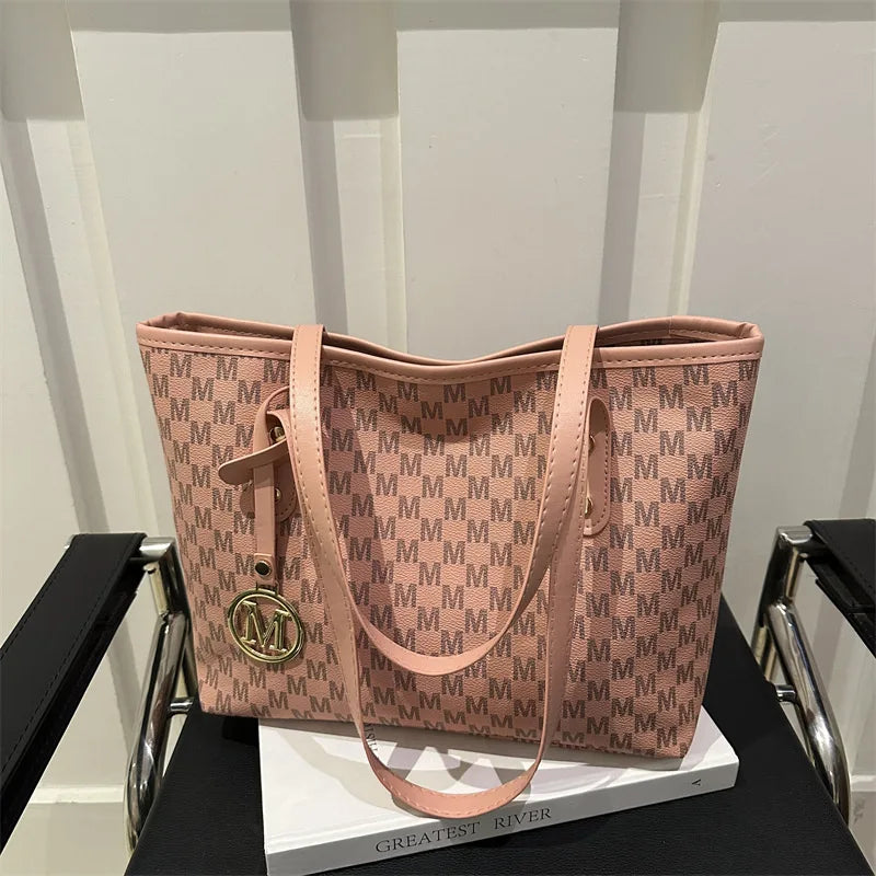 Elegant Monogram Tote Bag with Detachable Gold M Charm Faux Leather Handles Large Capacity Work Commuter Travel Shoulder Purse