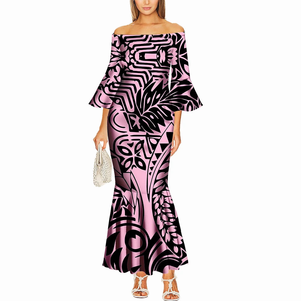Summer One-Shoulder Puletasi Dress Custom-Made Samoan Islands Print Polynesian Tribal Women'S Tight Fishtail Dress