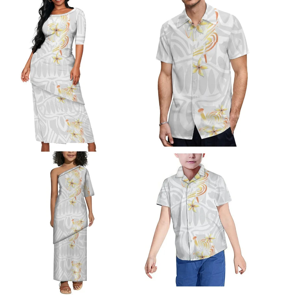 Women'S White Sunday Dress Set Samoa Puletasi Family Party Set Polynesian Ethnic Mother'S Day And Men'S Pocket Shirt