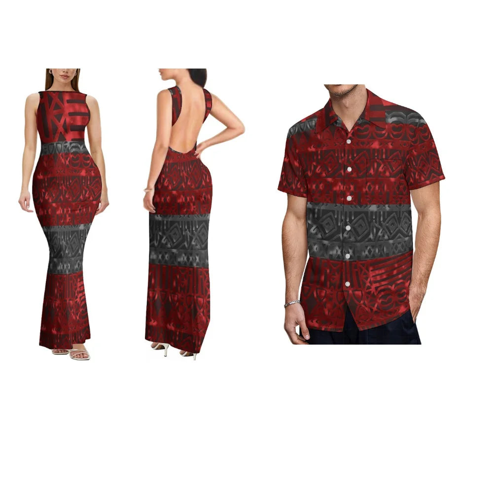 Polynesian Custom-Made Women'S Dress With Floral Design Backless Sleeveless Long Sexy And Slimming Couple Outfits Men'S Shirt