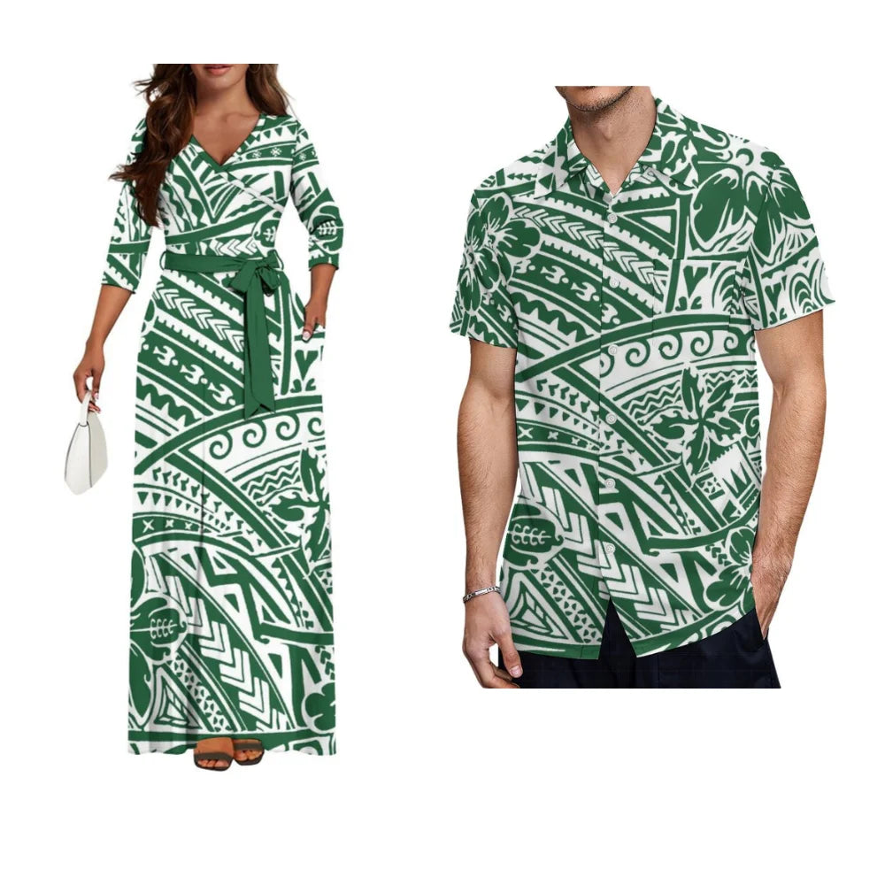 Samoa Hibiscus Flower Custom Women'S Dress Summer Autumn Long Sleeve V-Neck Temperament Dress Party Couple Dress Men'S Shirt