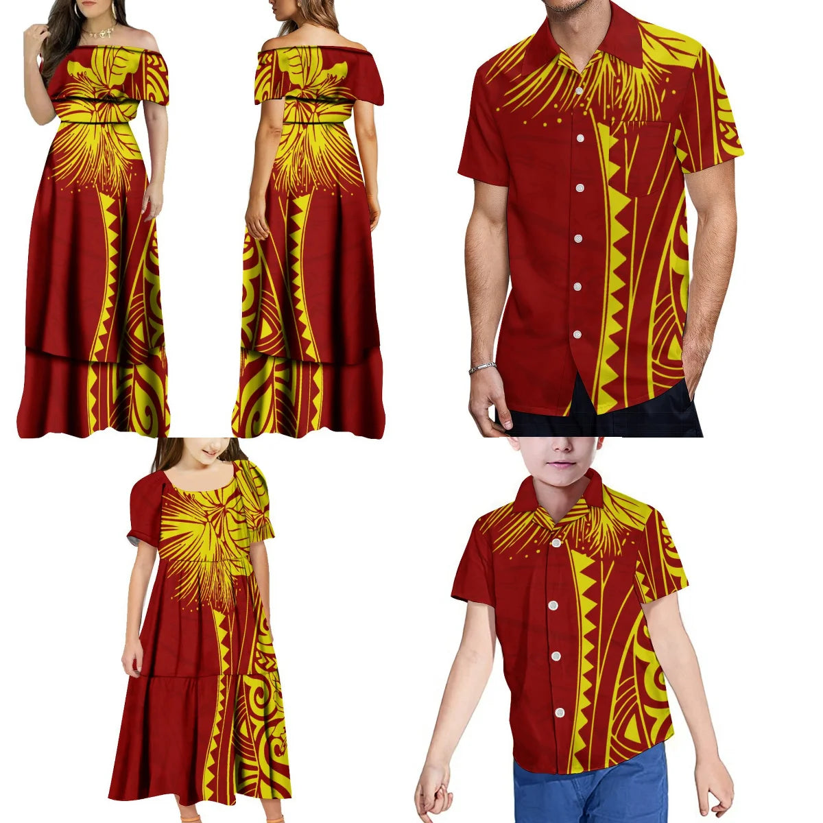 Custom Polynesian Family Party Clothing For Adults And Children Summer Pacific Island-Style Ladies One-Shoulder Puffy Dress