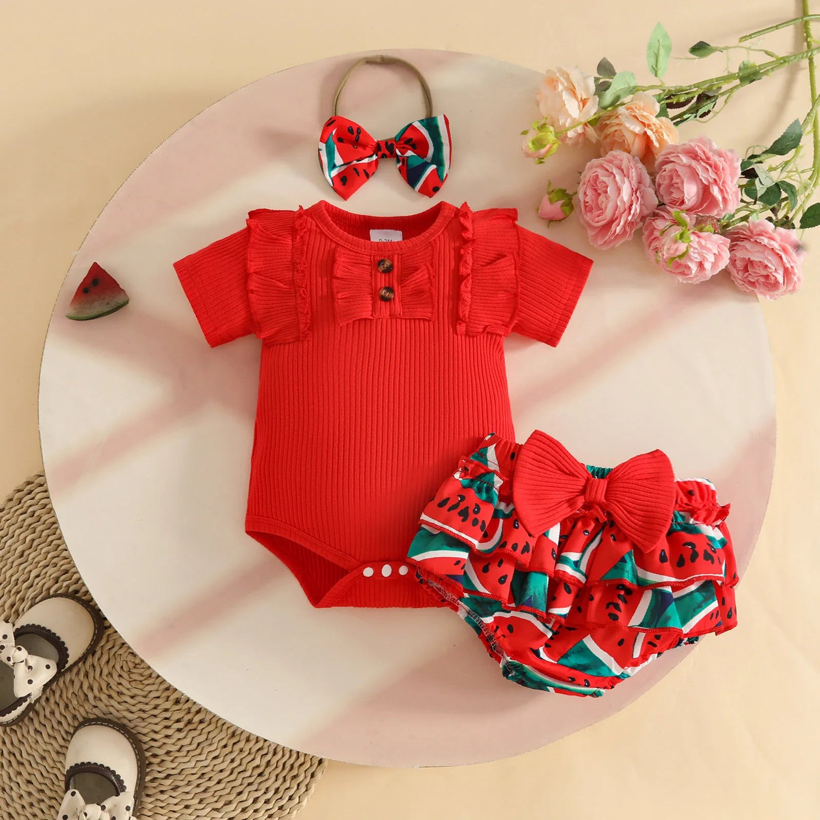 Baby Girl Comfortable And Breathable Set Short Sleeve Top Cute Cartoon Printed Shorts Three Piece Set Matching Items Conjuntos