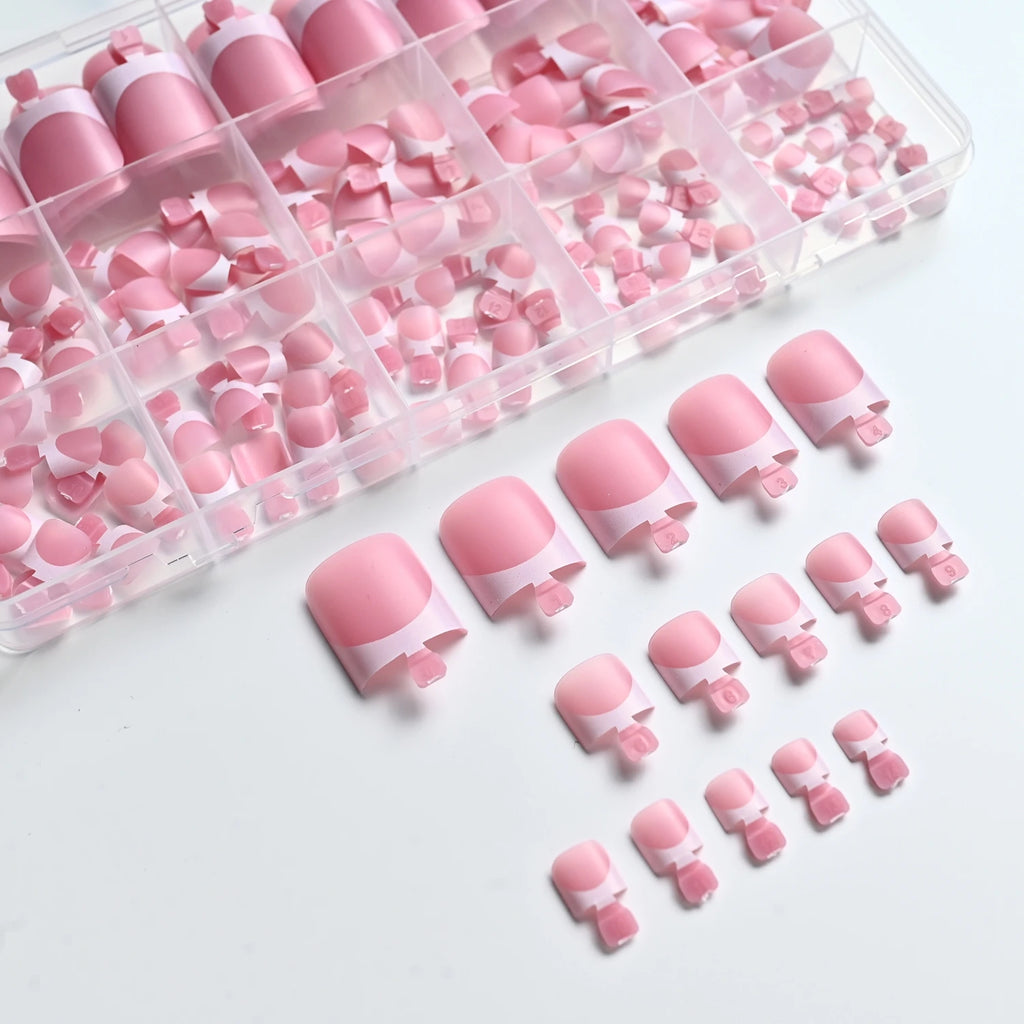 150Pcs Pink White French Press On Toenails 15-Sizes Short Square Fake Toe Nails White Edge Design Wearable False Foot Nail Tips