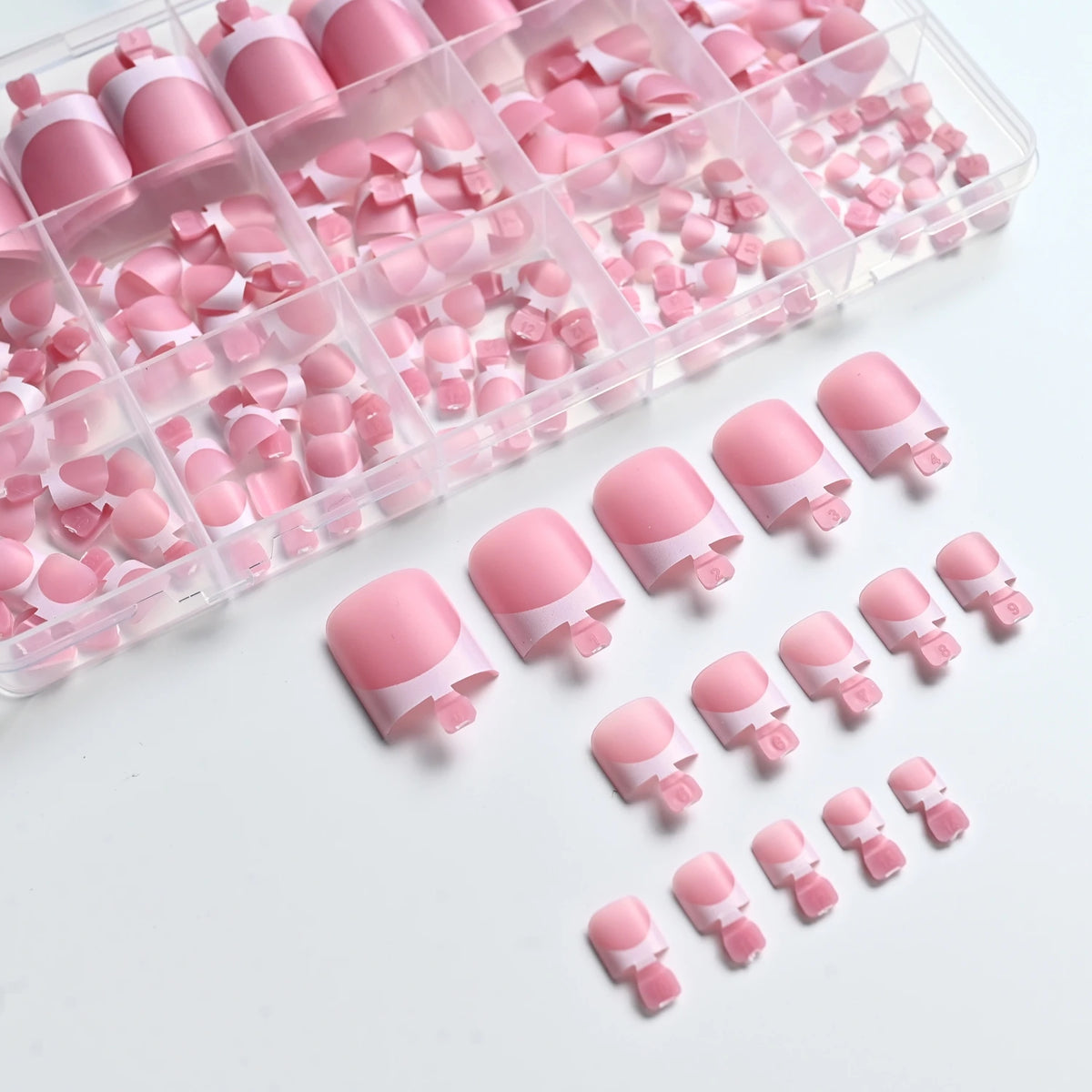 150Pcs Pink White French Press On Toenails 15-Sizes Short Square Fake Toe Nails White Edge Design Wearable False Foot Nail Tips