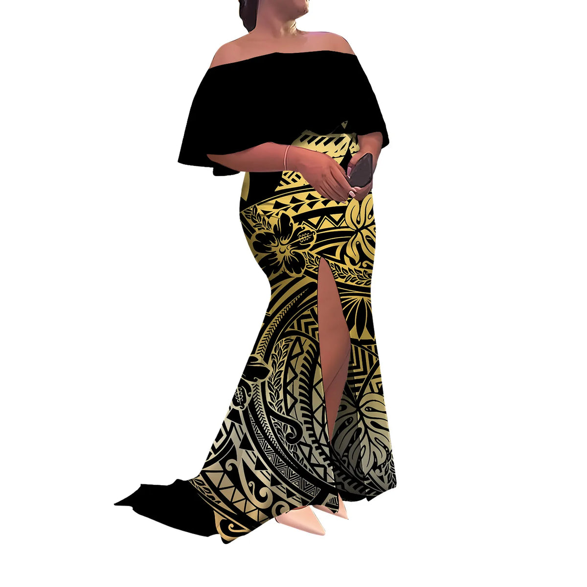 Women'S Dress Half-Printed One-Shoulder Slit Long Floor-Length Slimming Fishtail Dress Polynesian Evening Dress Custom-Made
