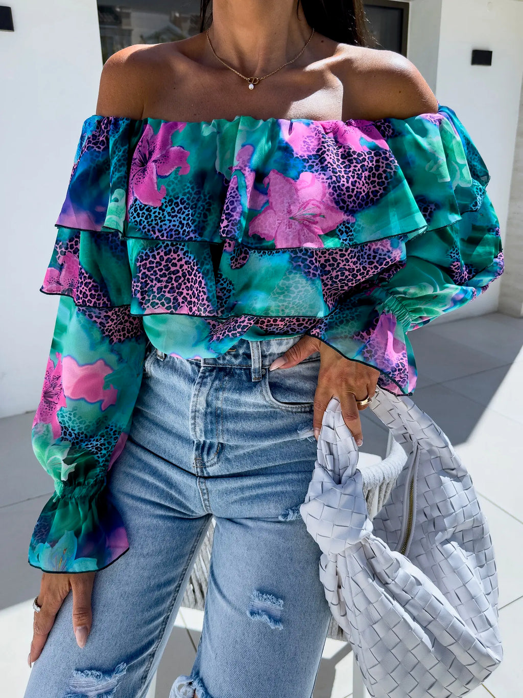 Floral Off-Shoulder Ruffle Chiffon Blouse