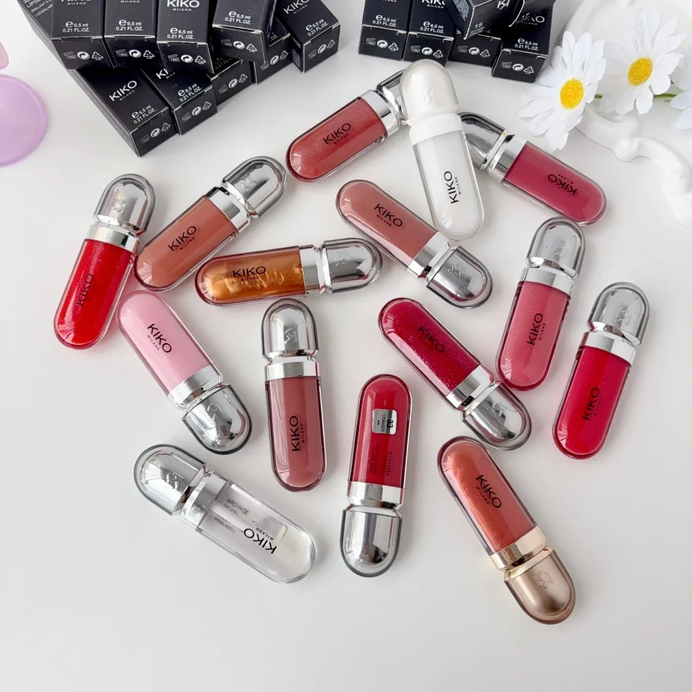 KIKO 3D Liquid Gloss Lip Glaze Mirror Plumper Lipstick Nourished Glossy Full Lips Not Fading Milk Tea Bean Paste Makeup Cosmetic
