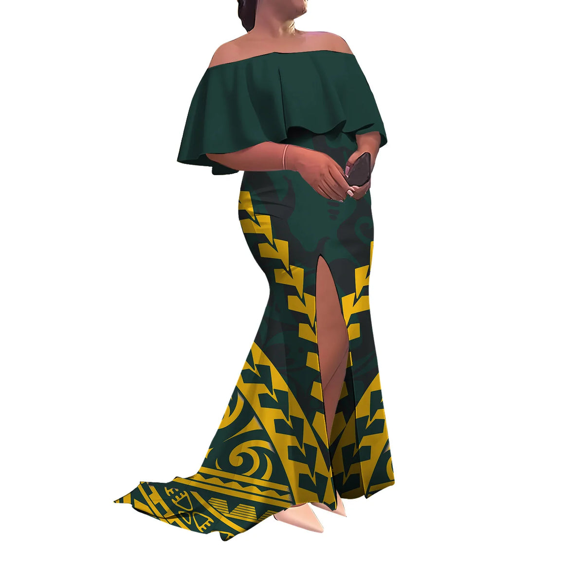 Women'S Dress Half-Printed One-Shoulder Slit Long Floor-Length Slimming Fishtail Dress Polynesian Evening Dress Custom-Made