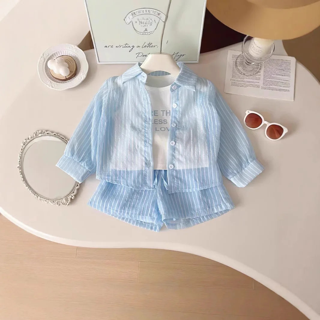 3Pcs Girls Clothing Sets Summer Cool Blouse Shirt+shorts+T-shirt Children Clothes Suits New Kids Outfits Set 2-7Yrs