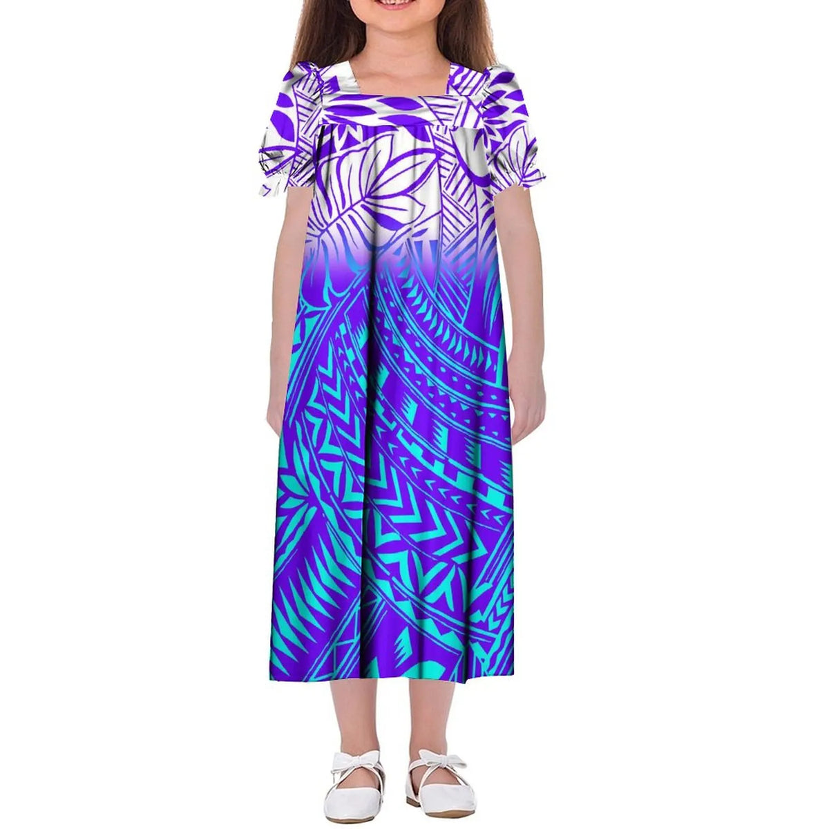 Custom Wholesale Polynesian Girls Dress Summer Puffed Sleeves Design Children'S Long Skirt Loose Dress Tribal Floral Print
