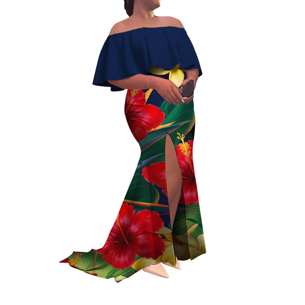 Summer Women'S Dress Elegant Half-Printed One-Shoulder Slit Long Floor-Length Polynesian Slimming Fishtail Dress