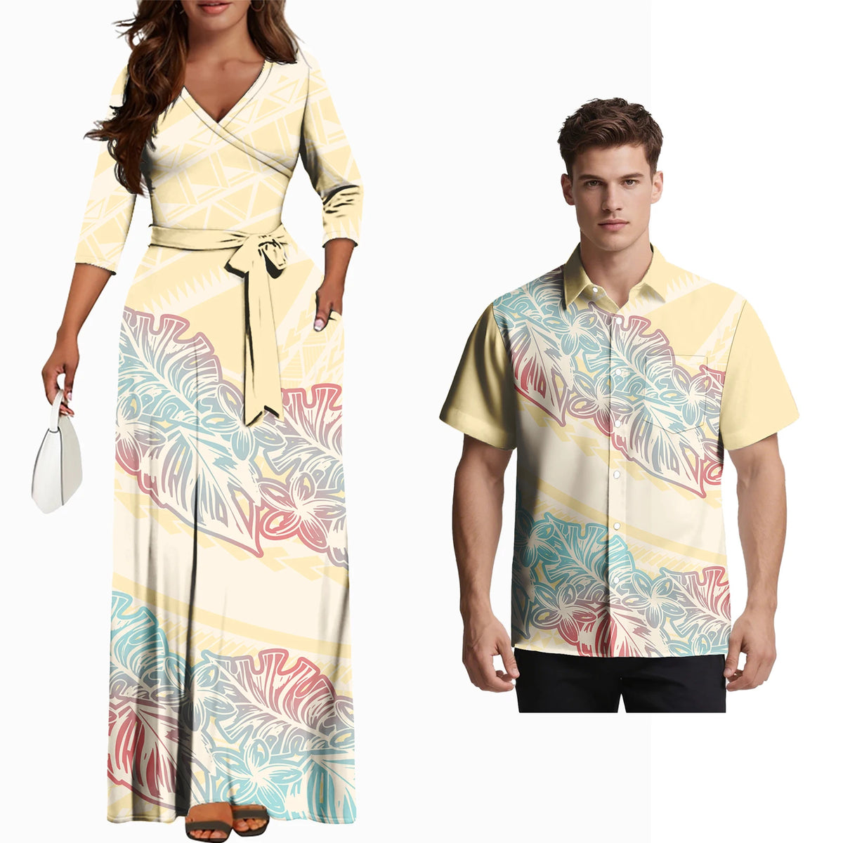Fashion Couple Outfits Hawaiian Men Pocket Shirts Samoan Women V-Neck Flowers Laceup Long Dress Polynesian Couple of Set Custom
