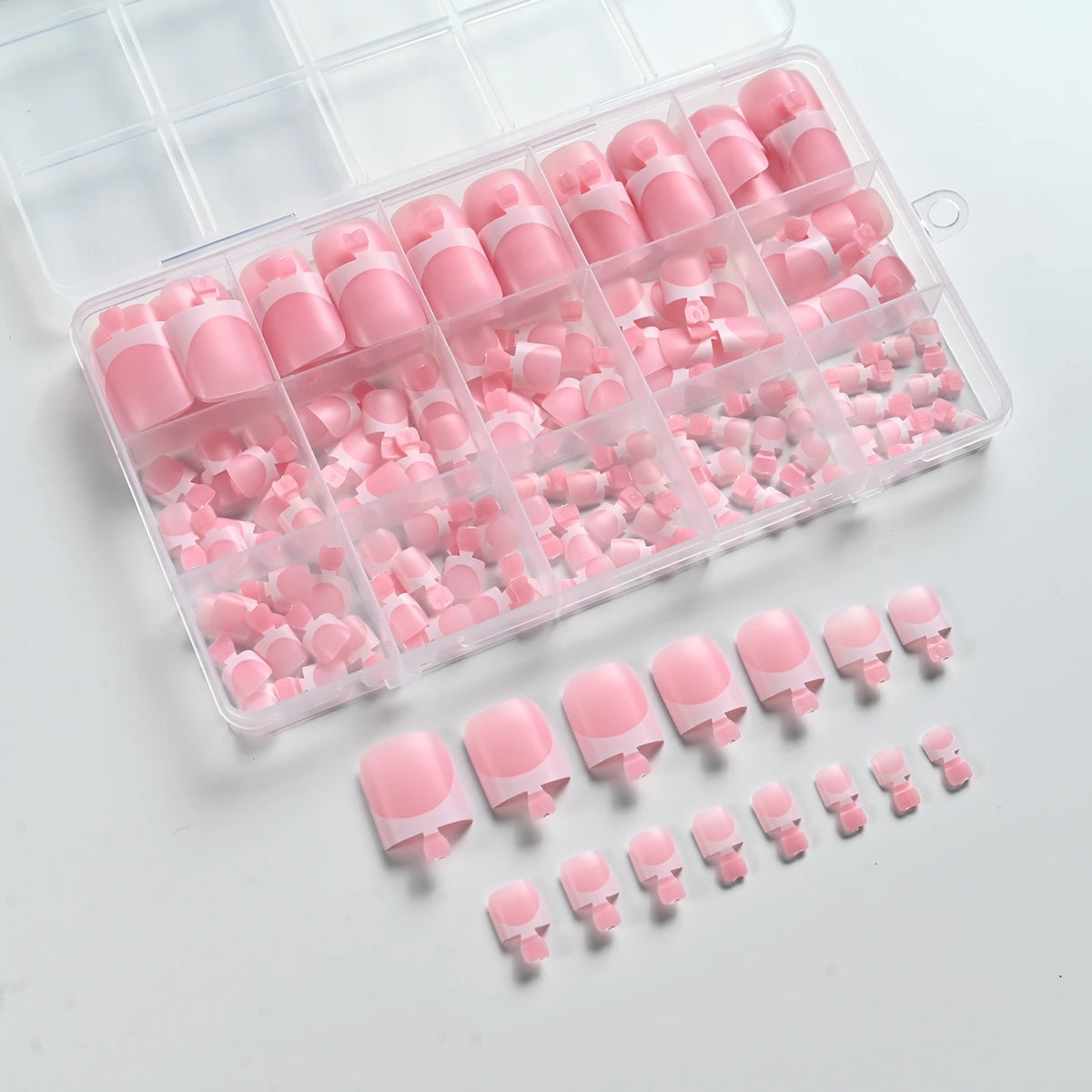 150Pcs Pink White French Press On Toenails 15-Sizes Short Square Fake Toe Nails White Edge Design Wearable False Foot Nail Tips