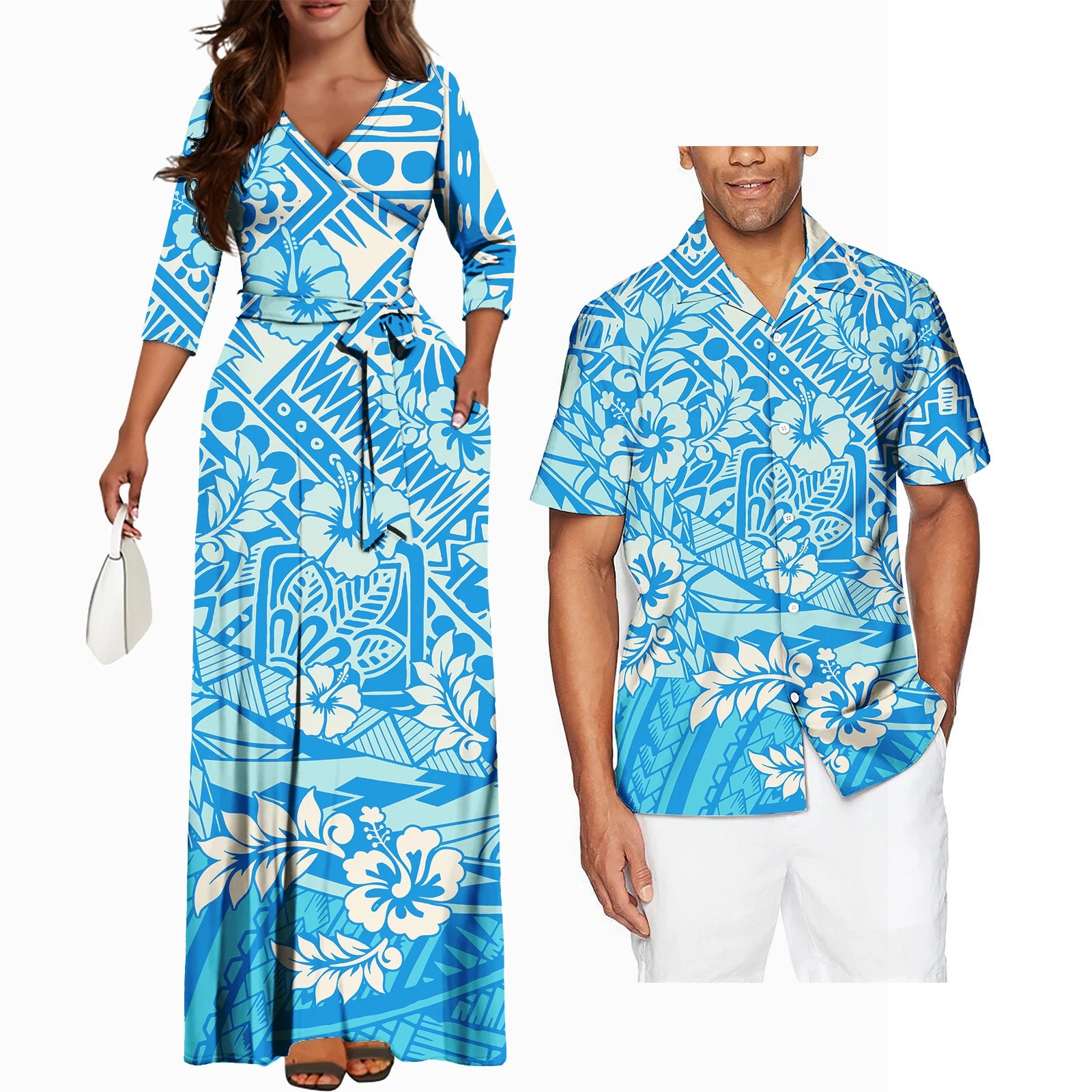 Matching Couples Clothes Pacific Islands Style New Arrivals V Neck Long Sleeve Women Dress Hawaii Island Polynesian Style