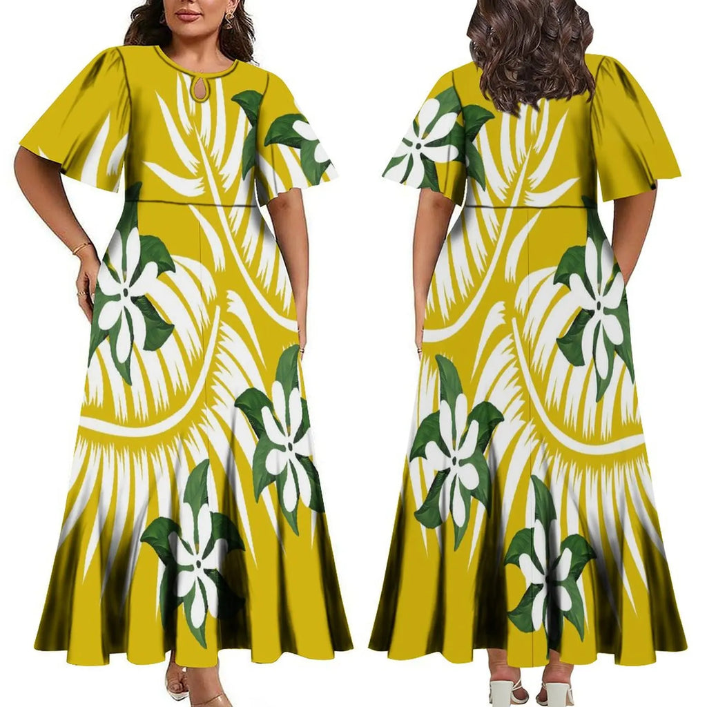 Wholesale Custom Polynesian Tribal Printed Half Flare Sleeve Long Party Dress Maxi Island Style Dress Plus Size Womens Clothing