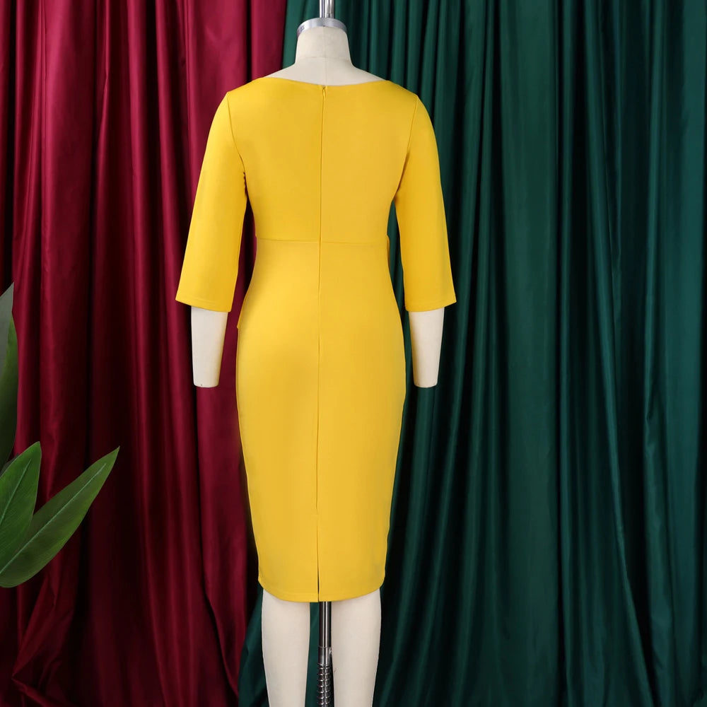 Church Dresses for Women 2025 Elegant Ladies Office Wear Casual Dress Long Sleeve Knee Length Solid Bodycon Peplum Pencil Dress
