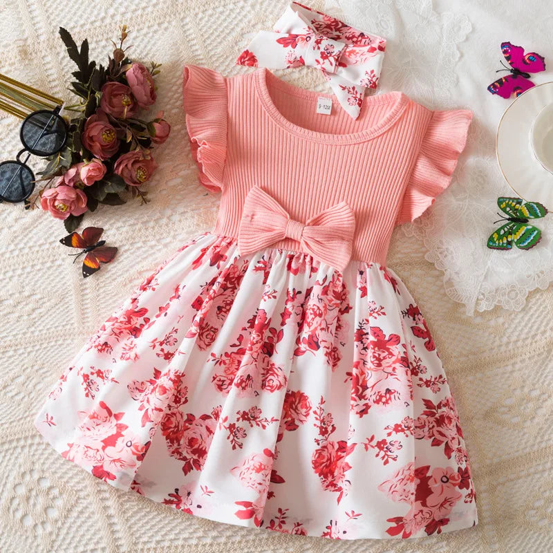 Summer Floral Print Dress for Baby Girls with Flutter Sleeves Elegant round Neck European American Style Party Gown