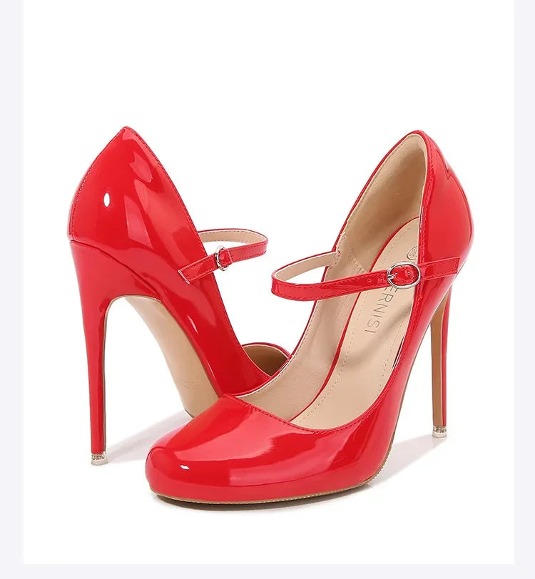 Round Toe Stiletto Shoes For Women Black Mary Jane Shoes12CM Thin High Heels Spring Autumn Buckle Strap Fashion Sexy Pumps
