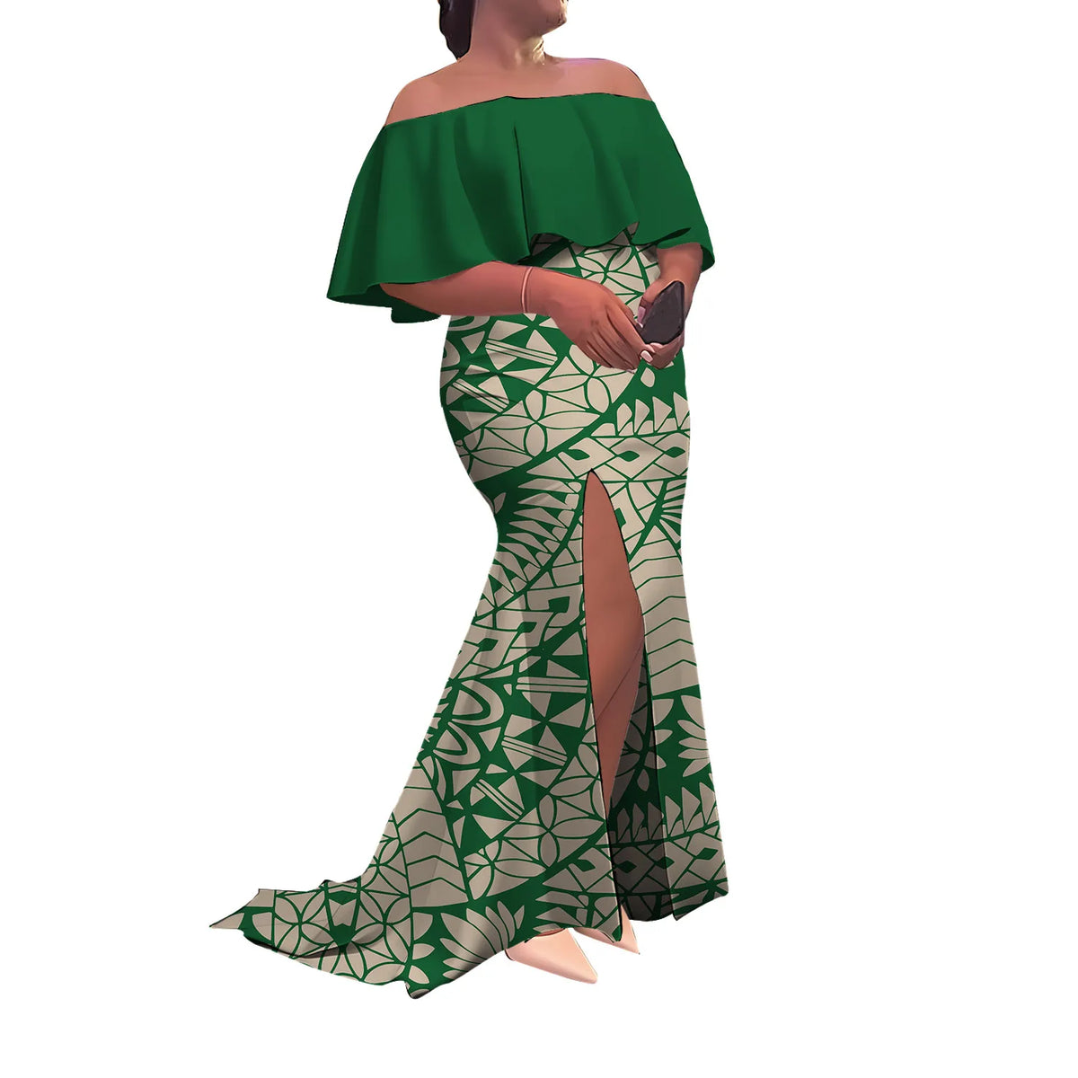 Women'S Dress Half-Printed One-Shoulder Slit Long Floor-Length Slimming Fishtail Dress Polynesian Evening Dress Custom-Made
