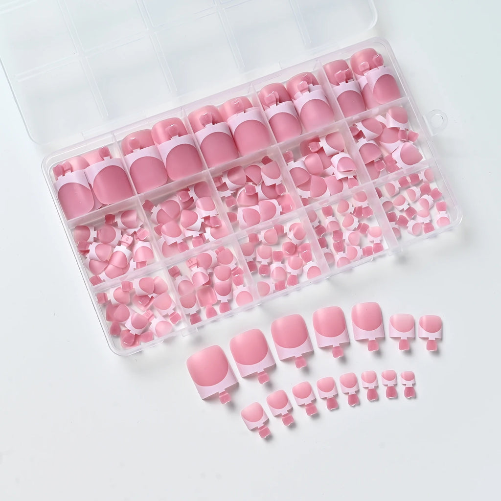 150Pcs Pink White French Press On Toenails 15-Sizes Short Square Fake Toe Nails White Edge Design Wearable False Foot Nail Tips