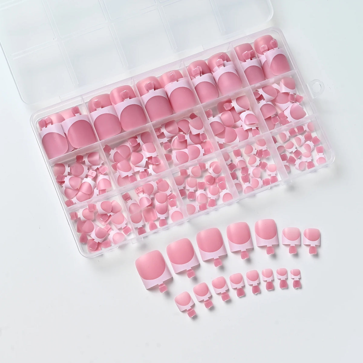 150Pcs Pink White French Press On Toenails 15-Sizes Short Square Fake Toe Nails White Edge Design Wearable False Foot Nail Tips
