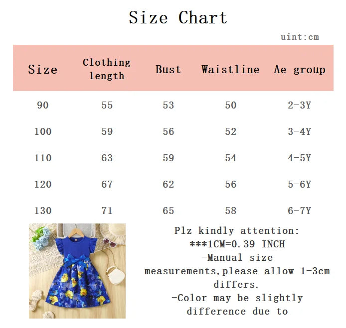 Girl's Beautiful Printed Blue Spliced Short Sleeved Dress+Belt Set Suitable for Summer Fashion Dresses for Girls Aged 2-7 Years