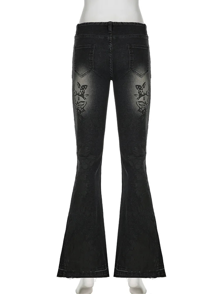 Women's Jeans  New American Retro Street Style Plant Print Washed Vintage Low-Rise Flare Pants Trendy Versatile
