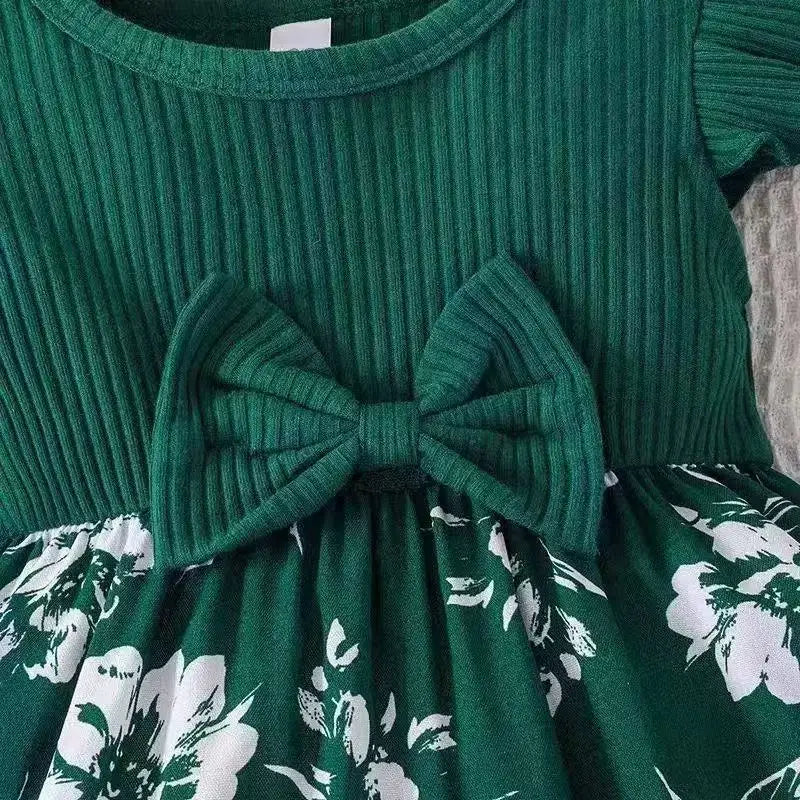 2026 Fashion Baby Girl Summer solid color breathable, wear-resistant and washable knitted top with flower print pattern dress