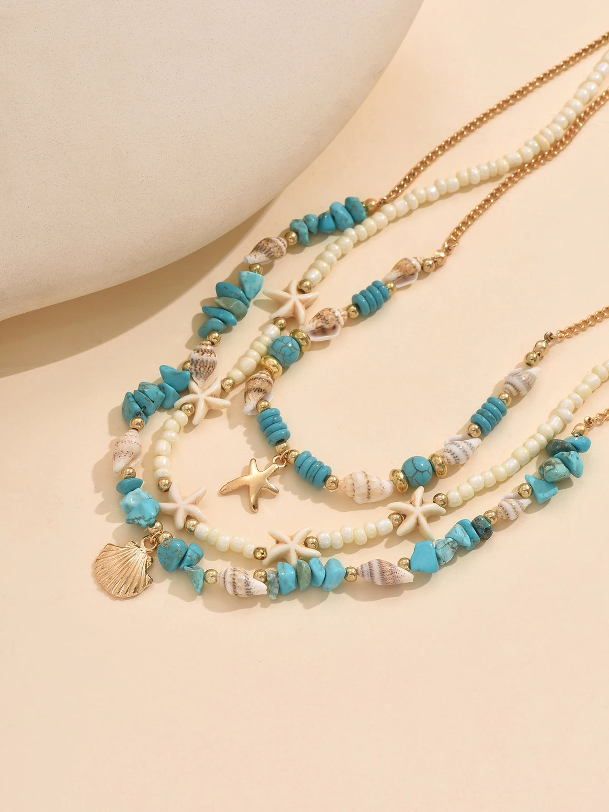 3Pcs Set Layered Turquoise Shell Starfish Necklace for Women Boho Beaded Necklaces Summer Beach Vacation Party Jewelry