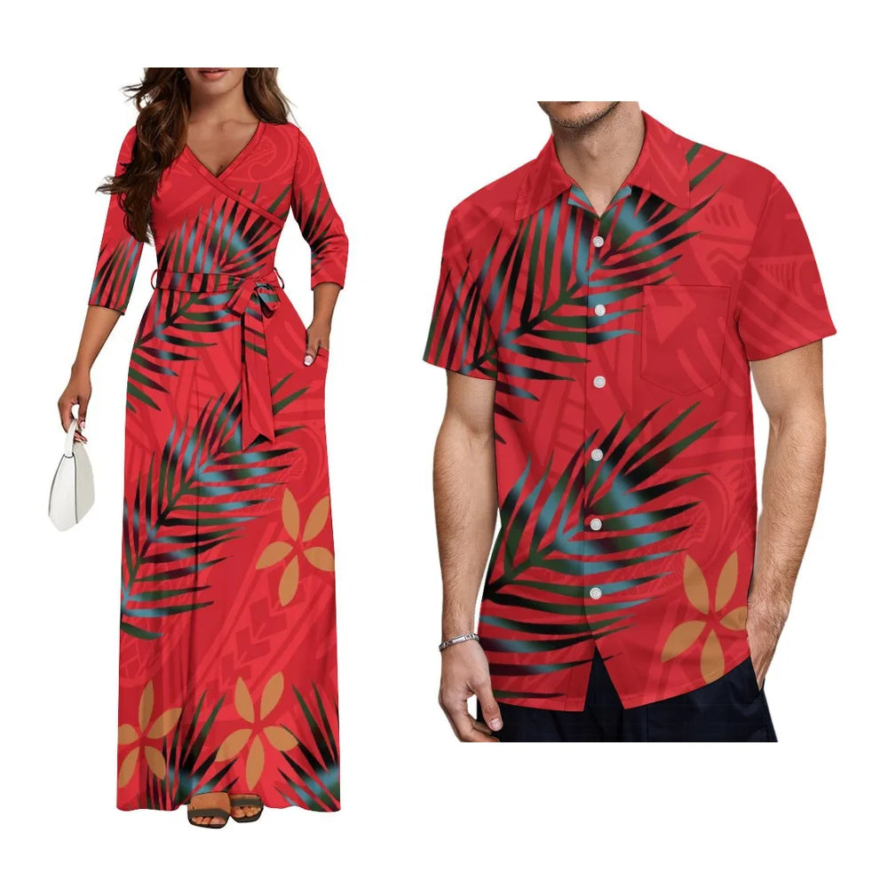 Polynesian Custom Couple Clothing Autumn Long Sleeve New Women'S Dress Hawaii Men'S Formal Shirt 2-Piece Set 2025 New