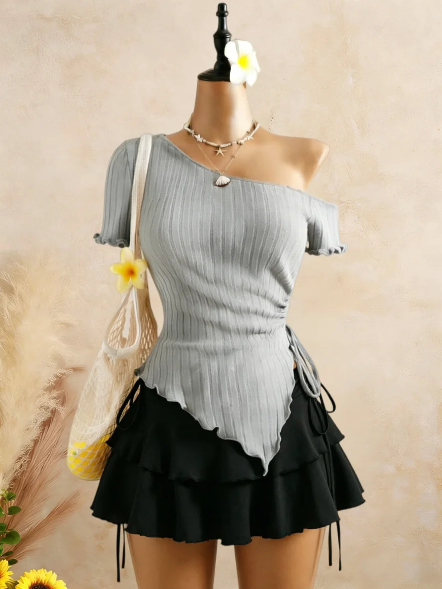 Ribbed Cami & Ruffle Mini Skirt Set
