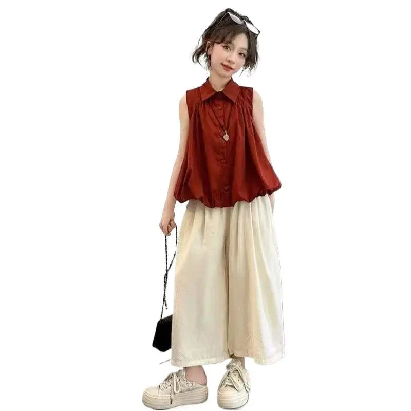 2026 summer Girls clothes children set Kids sleeveless blouse shirt top camisole + bottom wide leg pant 4 8 10 14 15 years teens