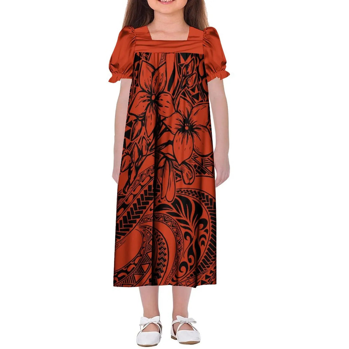 Custom Wholesale Polynesian Girls Dress Summer Puffed Sleeves Design Children'S Long Skirt Loose Dress Tribal Floral Print