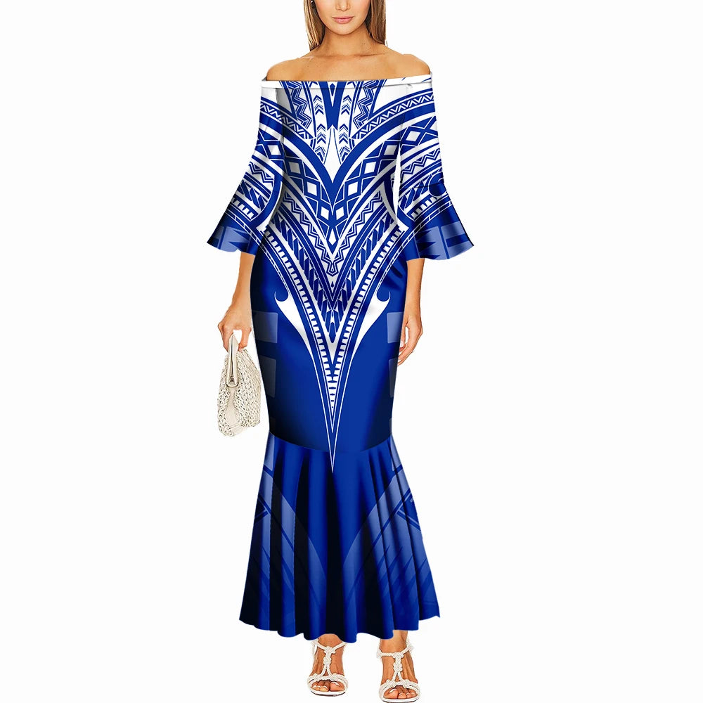 Summer One-Shoulder Puletasi Dress Custom-Made Samoan Islands Print Polynesian Tribal Women'S Tight Fishtail Dress