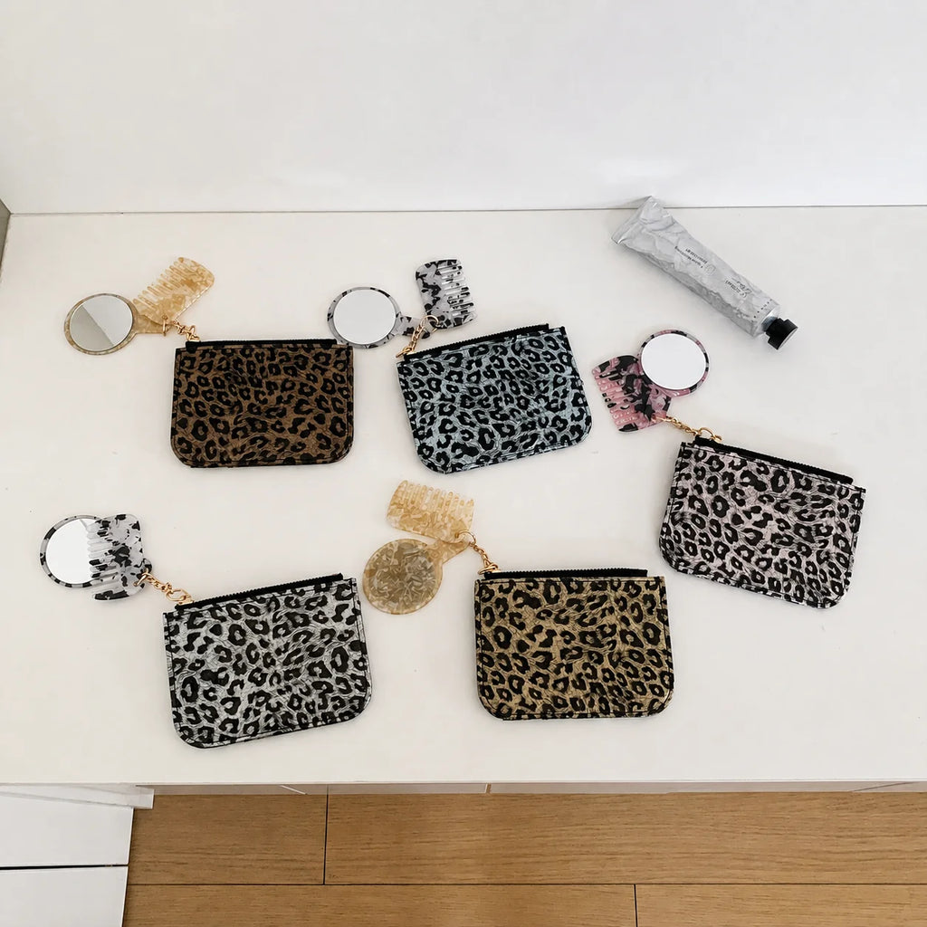Mini Wallet Wear-Resistant Mirror Comb Charm Leopard Print Coin Purse Lightweight Small Card Holder For Hanging Out Shopping