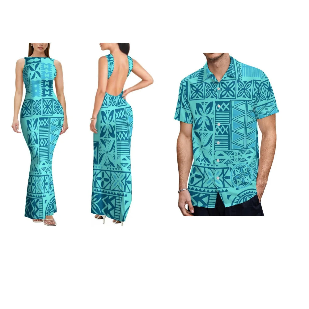 Polynesian Custom-Made Women'S Dress With Floral Design Backless Sleeveless Long Sexy And Slimming Couple Outfits Men'S Shirt