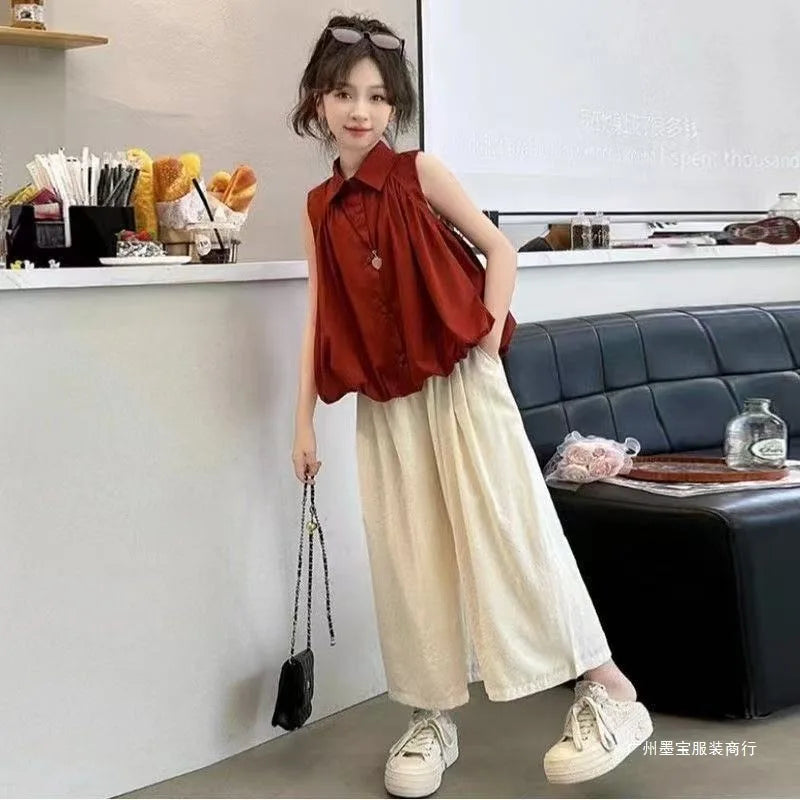 2026 summer Girls clothes children set Kids sleeveless blouse shirt top camisole + bottom wide leg pant 4 8 10 14 15 years teens