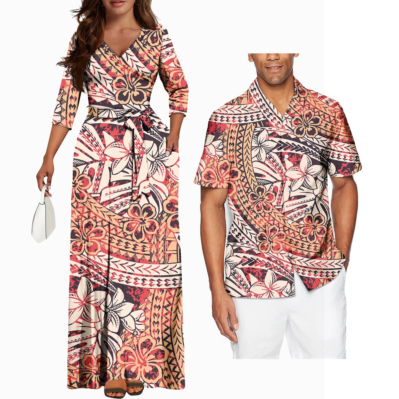 Matching Couples Clothes Pacific Islands Style New Arrivals V Neck Long Sleeve Women Dress Hawaii Island Polynesian Style