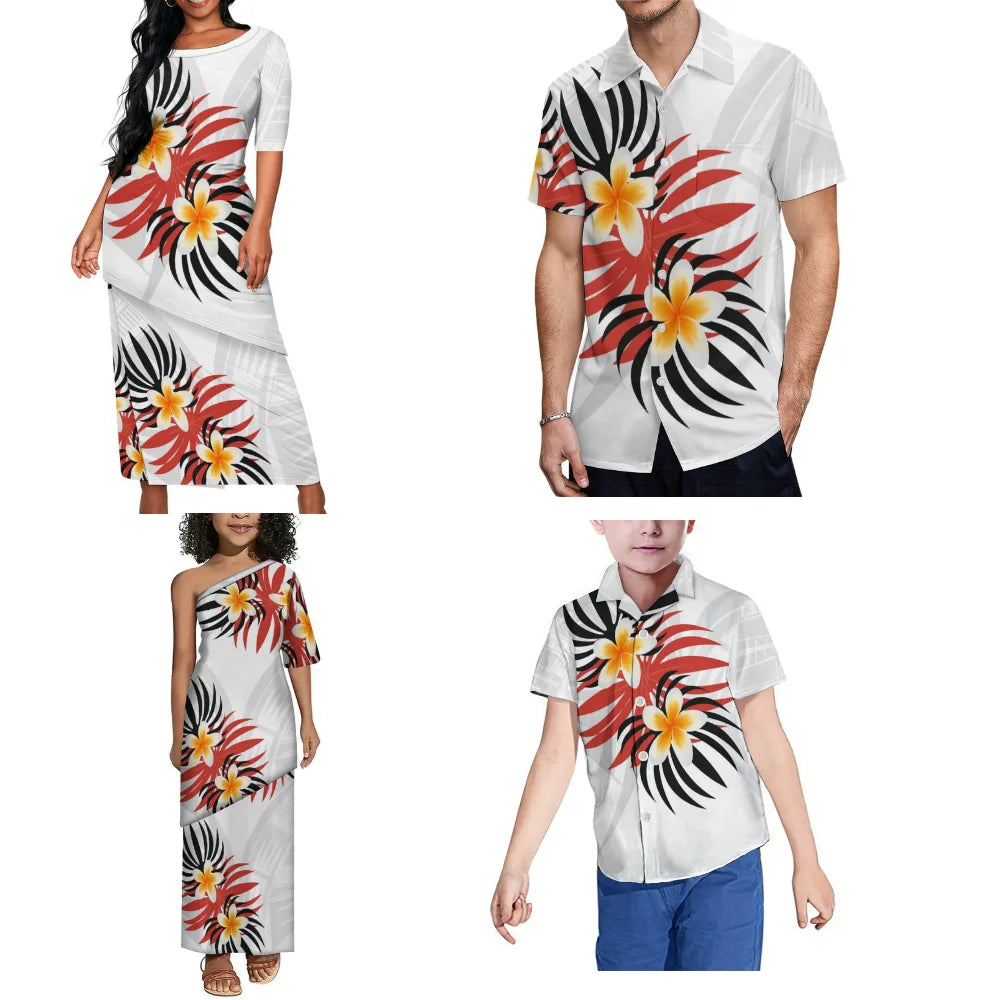 Women'S White Sunday Dress Set Samoa Puletasi Family Party Set Polynesian Ethnic Mother'S Day And Men'S Pocket Shirt