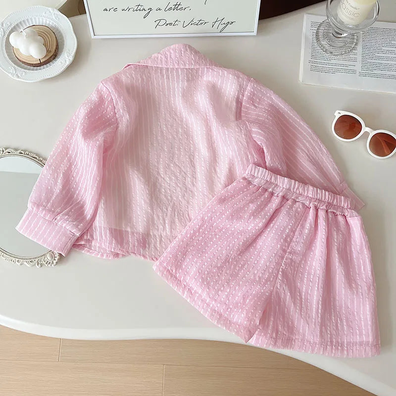 3Pcs Children's Clothes Sets Striped Long Sleeve Blouses Shirts Vest Shorts Sets Kids Girls Summer Casual Tops Pants Outfits Set
