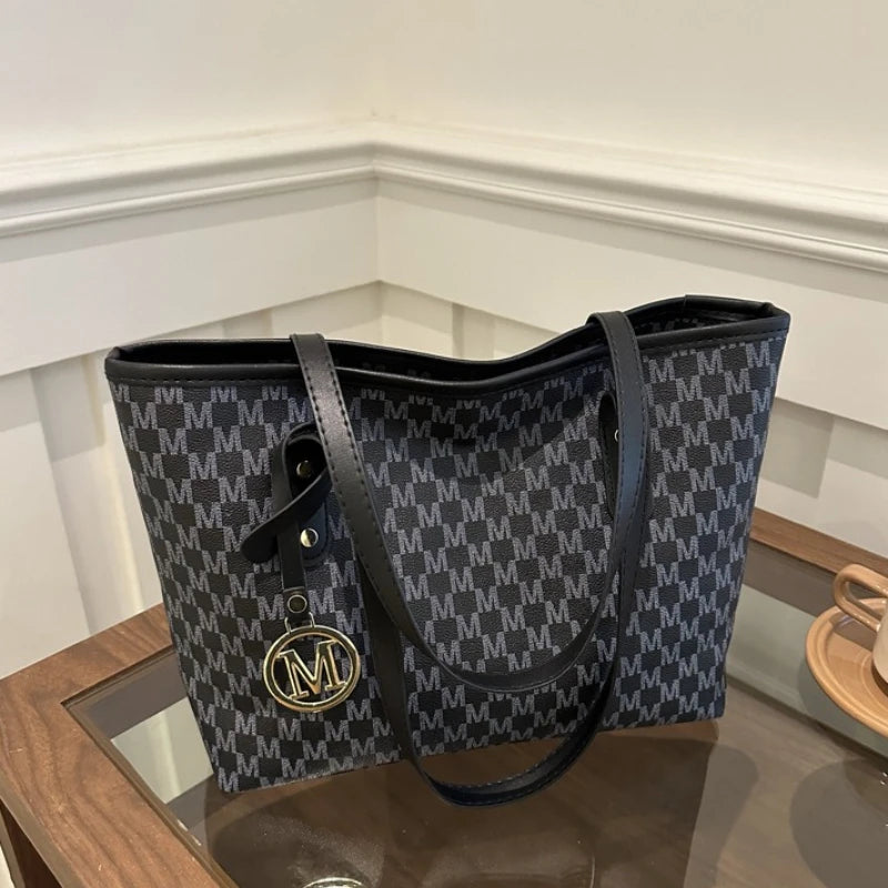 Elegant Monogram Tote Bag with Detachable Gold M Charm Faux Leather Handles Large Capacity Work Commuter Travel Shoulder Purse