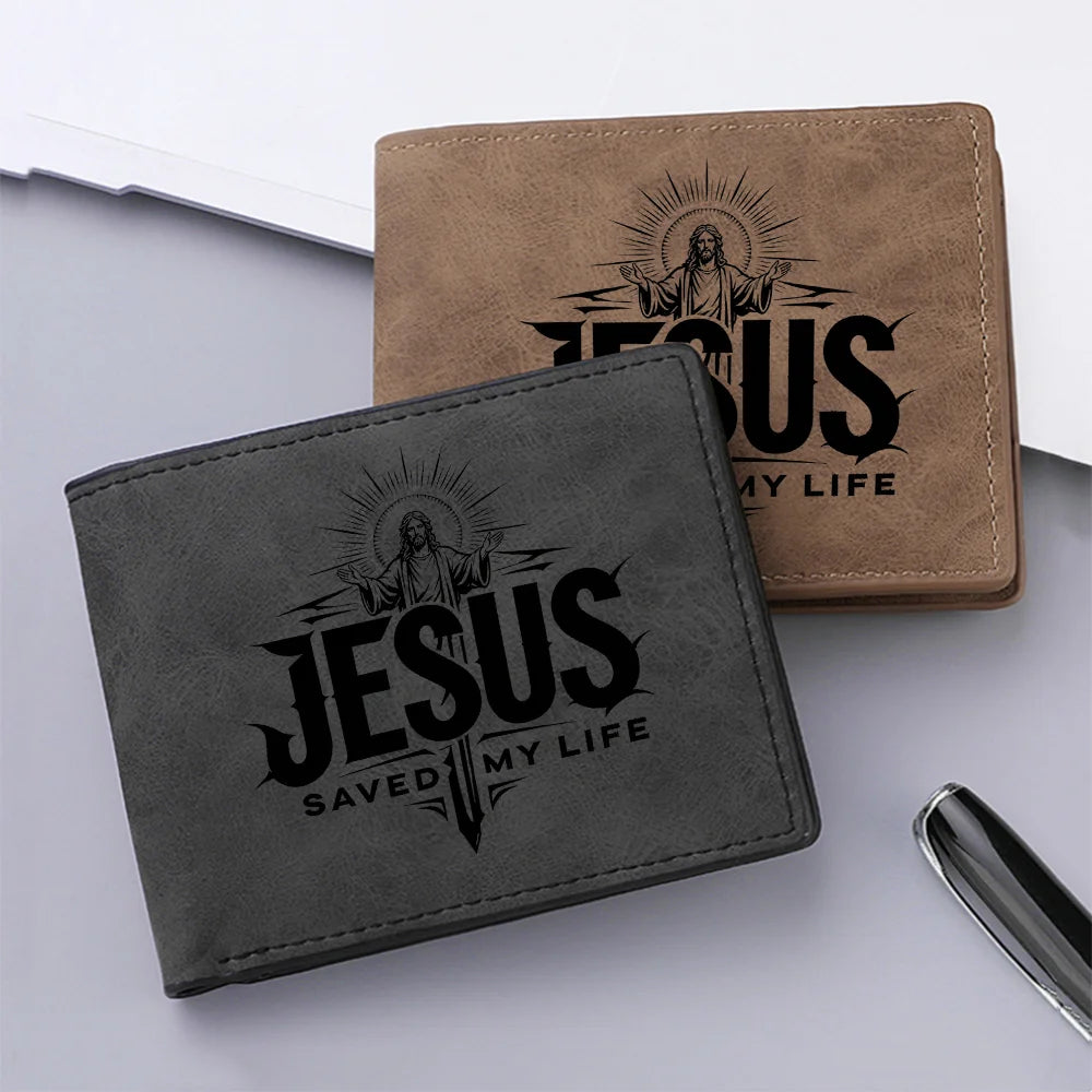 Men's Fashionable Short Wallet, with Personalized Design Featuring the Image of Jesus, and Multiple Card Slots.