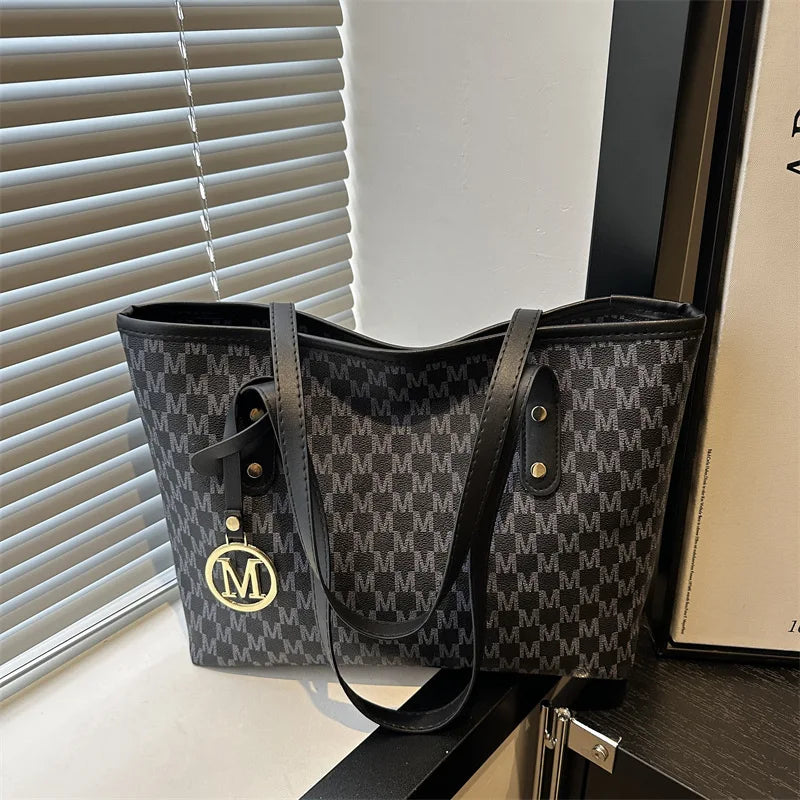 Elegant Monogram Tote Bag with Detachable Gold M Charm Faux Leather Handles Large Capacity Work Commuter Travel Shoulder Purse
