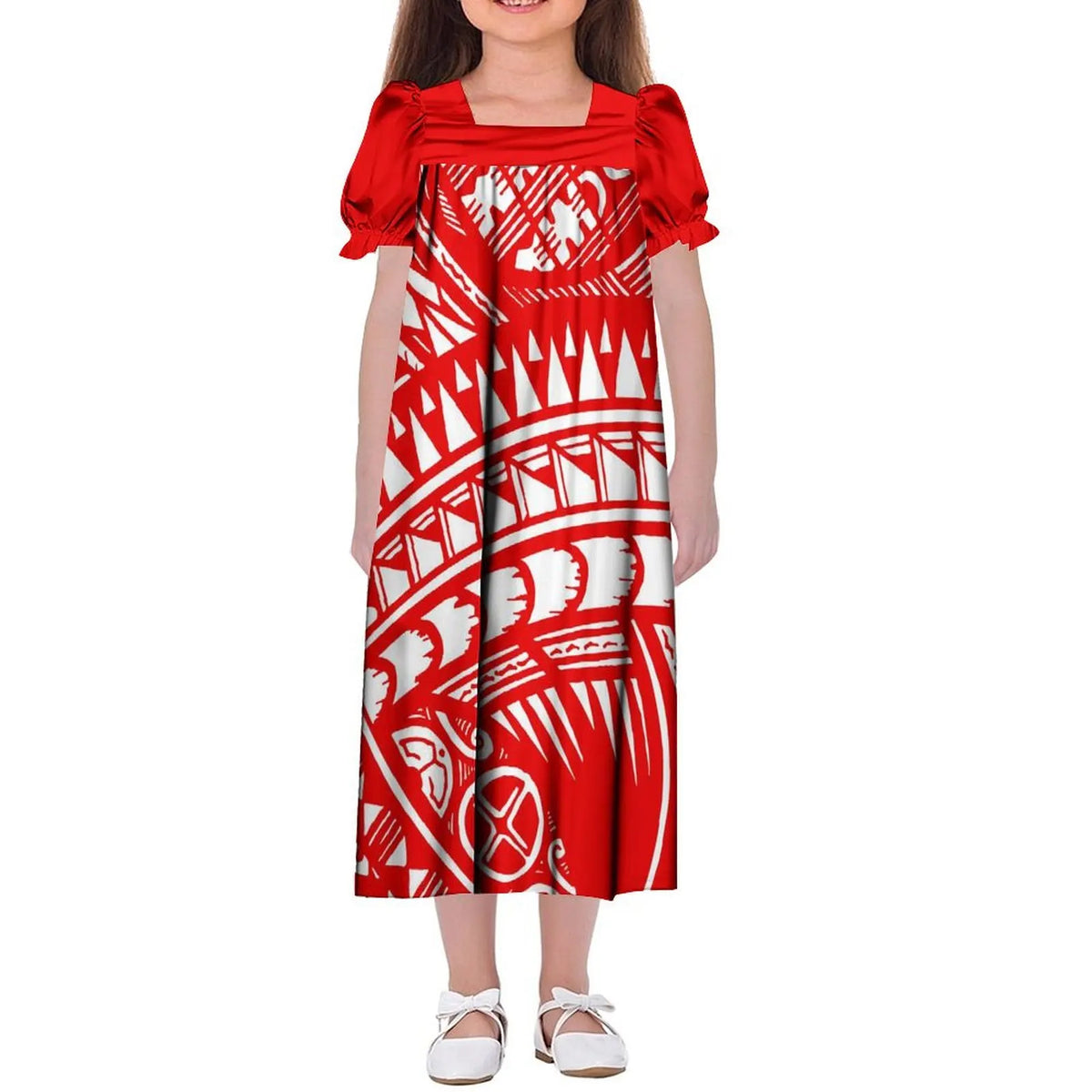 Custom Wholesale Polynesian Girls Dress Summer Puffed Sleeves Design Children'S Long Skirt Loose Dress Tribal Floral Print