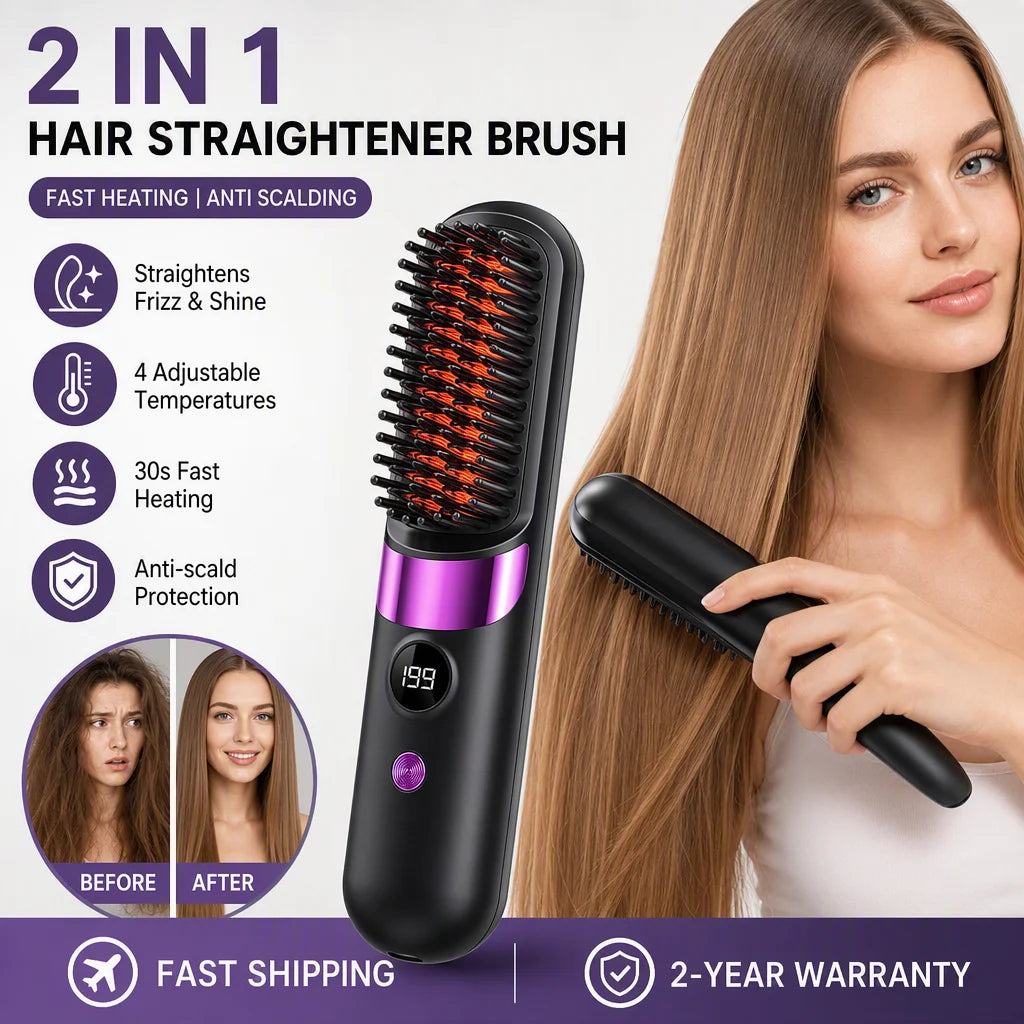 Portable Hair Straightener Brush 4 Temp Setting Cordless Straightening Comb LED Display Ceramic Coating Ionic Technology Styling